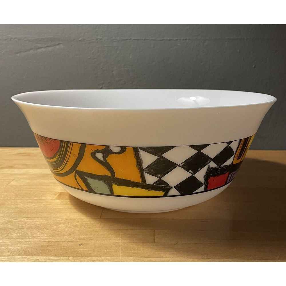 Vintage Arcopal France Santiago Patchwork Glass Serving Bowl 9 1/4" Retro 80's.